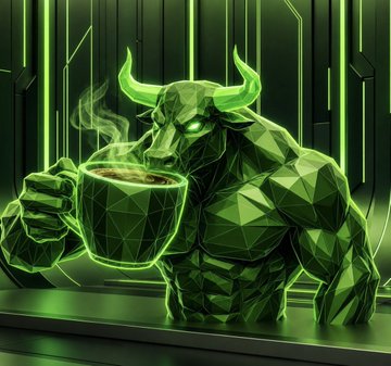A low-poly, glowing green bull with sharp horns holds a steaming coffee mug in a futuristic, neon-lit setting. The image visually reinforces the post's bullish sentiment on $ANSEM and $HBULL, with the strong, green bull symbolizing the anticipated "last big rise" the author expects for both tokens.