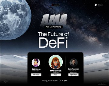 The image is a promotional graphic for a Twitter Space titled "Ask Me Anything: The Future of DeFi," hosted by DeFiQueen on Friday, June 20th at 3:30pm, featuring guests Knut Engbø (CEO & Co-Founder) and Sam Newman (Chief Product Officer) from DeFiComm, with a "Sponsors" label by DeScan. The accompanying post reflects on the speaker's experience hosting this space with @deficom, highlighting their vision for an all-in-one platform to hold, earn, trade, convert, and spend crypto.