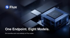 A promotional banner for 'Flux' reading 'One Endpoint. Eight Models,' accompanied by a 3D illustration of a server rack.