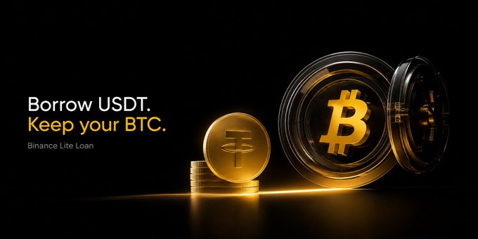 A promotional image for "Binance Lite Loan" featuring gold coins of USDT and Bitcoin (₿) on a dark background, with the tagline "Borrow USDT. Keep your BTC." illustrating the service that allows users to use BTC as collateral to borrow USDT without risking liquidation.