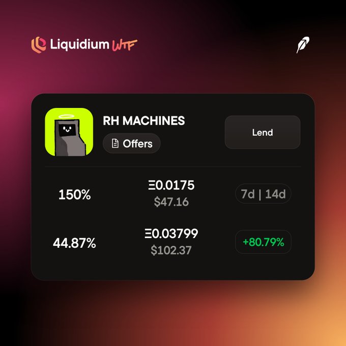 A Liquidium WTF cryptocurrency lending interface displaying offers for "RH MACHINES" with lend rates of 150% and 44.87% alongside ETH amounts and dollar values.