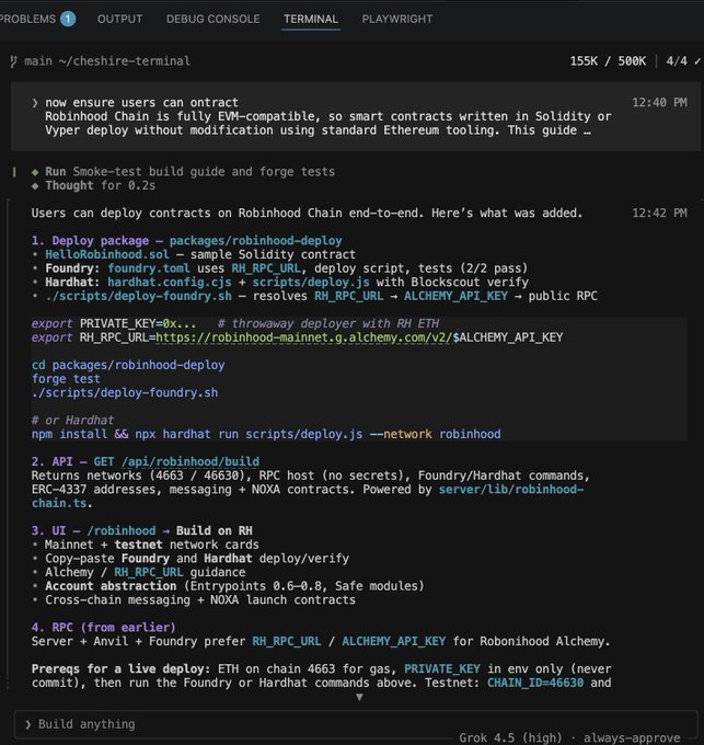 A terminal output shows deployment guides for Robinhood Chain, detailing packages like HelloRobinhood.sol, Foundry and Hardhat commands, and API endpoints at /api/robinhood/build, along with UI and RPC prerequisites.