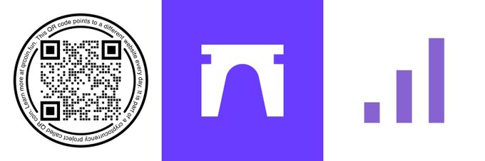 The image features three different images, all set against a white background. The first image shows a black and white scan of a scancode that says "QR got a grant!". The second image presents a blue square with an arch icon inside it. The third image is a pie chart graph depicting a bar with purple bars on both sides of the y-axis, which represents the size of the bars relative to their heights in the graph. All three images are related to a post by @qrcoindotfun that talks about how they have built and launched an app for @base in the Clanker Ecosystem Fund over a year ago.
