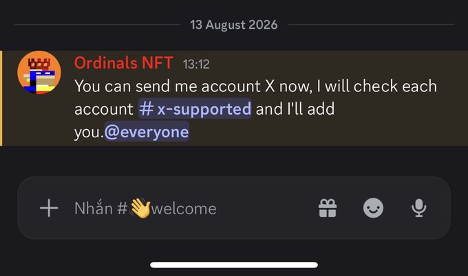 A Telegram message from "Ordinals NFT" dated 13 August 2026 invites users to submit their X (Twitter) account for review, which will be tagged with "#x-supported" and @everyone, complementing the Discord reopen announcement offering 50 limited slots that close in 30 minutes.