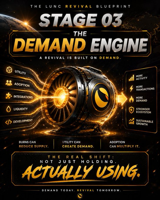 A promotional graphic titled 'STAGE 03 THE DEMAND ENGINE' for 'THE LUNC REVIVAL BLUEPRINT' features a jet engine illustration and lists benefits like utility, adoption, integrations, and liquidity.