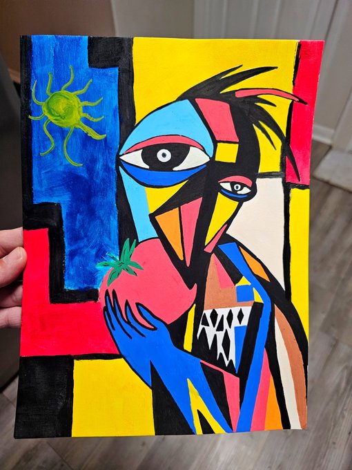 A vibrant, abstract acrylic painting of a face with sharp teeth and blue hands holding a pink object with a green star, painted in primary colors with a sun in the corner.