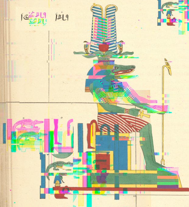 A stylized Egyptian illustration features a crocodile-headed deity seated on a throne, wearing an elaborate striped headdress and holding an ankh-like staff, with bright chromatic aberration effects overlaid on the image.
