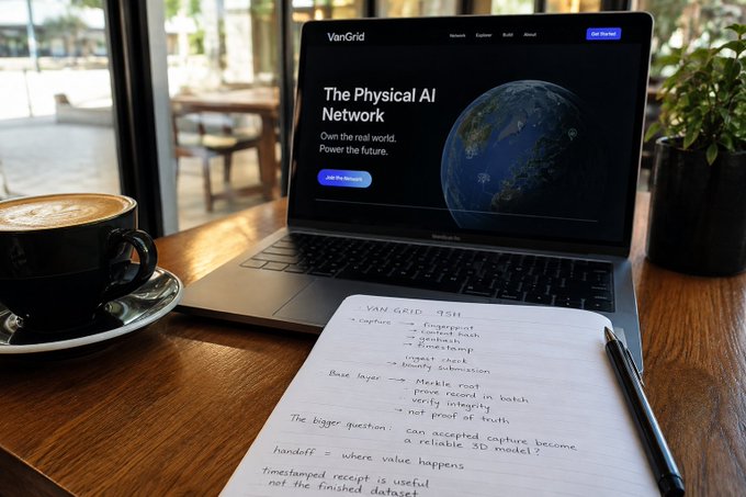 A laptop displays the VanGrid ("The Physical AI Network") website on a café table beside a handwritten note detailing how the network fingerprints captures through timestamps, content hashes, and gravity checks on Base—directly illustrating the post's explanation of VanGrid's $9M-backed data verification process.