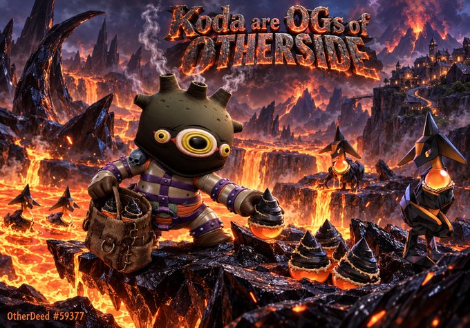 Promotional artwork reading "Koda are OGs of OTHERSIDE" featuring a spiky-headed character collecting items from lava-filled volcanic terrain, with "OtherDeed #59377" visible at the bottom.