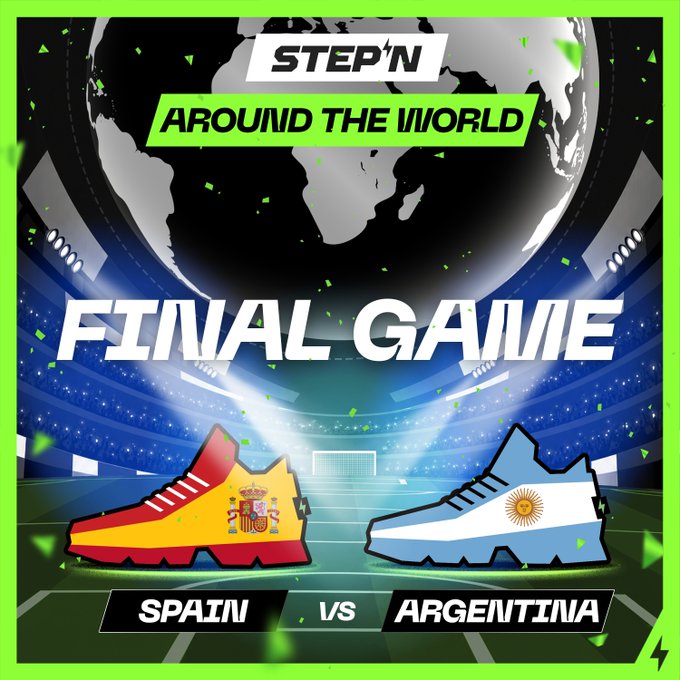 The image is a promotional graphic for STEPN's "Around the World" event, announcing the final match between Spain and Argentina. It features two soccer cleats designed with each country's flag facing off in a stadium setting, with a globe in the background and the bold text "FINAL GAME" highlighting the matchup.