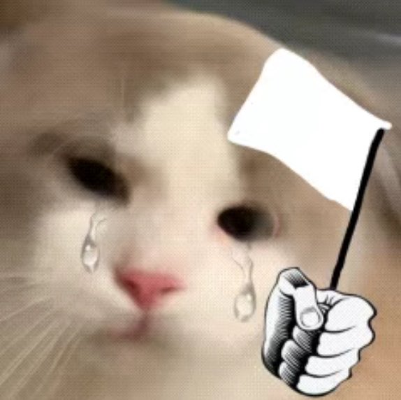 A teary-eyed kitten holding a white surrender flag, symbolizing surrender or conceding defeat after a failed move. This visually represents the post's message about "Ember" admitting defeat on a poorly executed trade that resulted in significant losses.