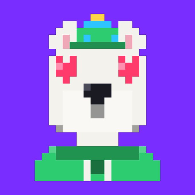 A pixel art illustration of a white dog with red heart-shaped eyes, wearing a green and blue cap with a yellow feather, set against a purple background.

The image relates to the post as a promotional teaser for the "1,111 Pixel Dogs" NFT collection launching on Inkchain, showcasing one of the unique pixel dog characters from the upcoming pack.