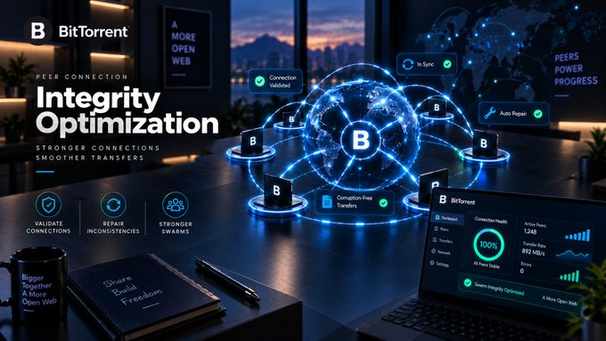 A promotional graphic for BitTorrent featuring 'Integrity Optimization' with text about 'Stronger Connections, Smoother Transfers' and a laptop displaying a BitTorrent interface showing 'Completion-Free Transfers' and 100% Connection Health.