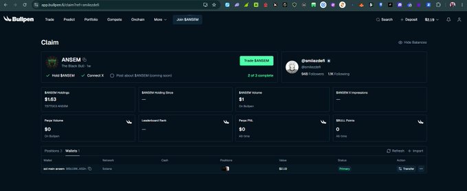 Screenshot of the Bullpen platform showing the 'ANSEM' token claim page with 2 of 3 complete, 1.163 $ANSEM holdings, and 848 followers for @emzicloth.