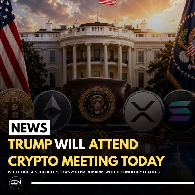 A graphic featuring the White House and Presidential seal flanked by an American flag, with prominent cryptocurrency logos (Bitcoin, Ethereum, XRP, and Solana) along the bottom. The text reads "NEWS: TRUMP WILL ATTEND CRYPTO MEETING TODAY — WHITE HOUSE SCHEDULE SHOWS 2:30 PM REMARKS WITH TECHNOLOGY LEADERS."