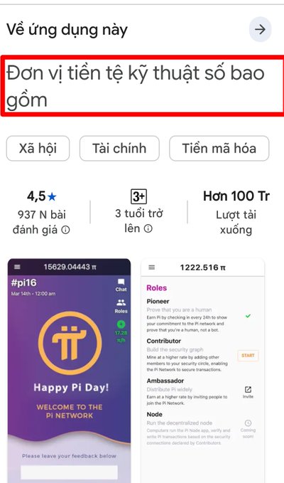 The image shows a Vietnamese-language Google Play Store listing for the Pi Network app, with a highlighted description stating "Đơn vị tiền tệ kỹ thuật số bao gồm" (Digital currency including), rated 4.5 stars with over 1 million downloads and 100+ trillion Pi in circulation, showing screenshots of the Pi app interface including a "Happy Pi Day!" welcome screen and Pi Network roles (Pioneer, Contributor, Ambassador, Node). The listing connects to the post's theme by highlighting Pi's mission as a digital currency, reinforcing the message not to sell Pi assets due to lack of faith in its purpose.