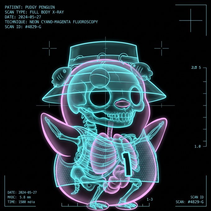 A stylized neon cyan and pink x-ray scan of a cartoon character labeled 'PATIENT: PUDGY PENGUIN' with scan details including 'SCAN TYPE: FULL BODY X-RAY', 'DATE: 2024-05-27', and 'TECHNIQUE: NEON CYANO-MAGENTA FLUOROSCOPY'.