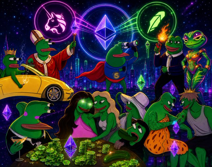 A chaotic illustrated scene featuring multiple Pepe the Frog variations in different scenarios (a bishop, a superhero, a businessman) against a neon cityscape with an Ethereum logo.