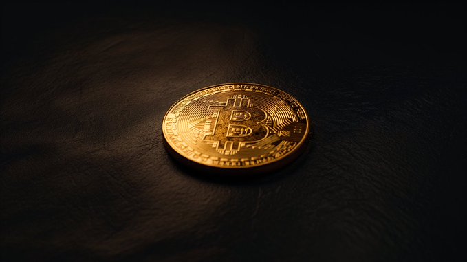 A close-up photograph of a physical golden Bitcoin coin resting on a dark leather surface under dramatic lighting.