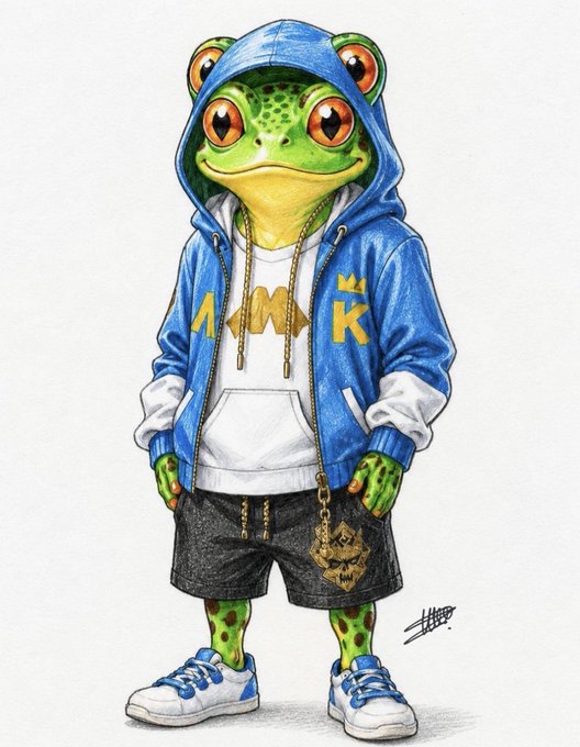 An illustration of a green frog character wearing a blue hoodie with 'AMK' text, gold chain, and blue sneakers.