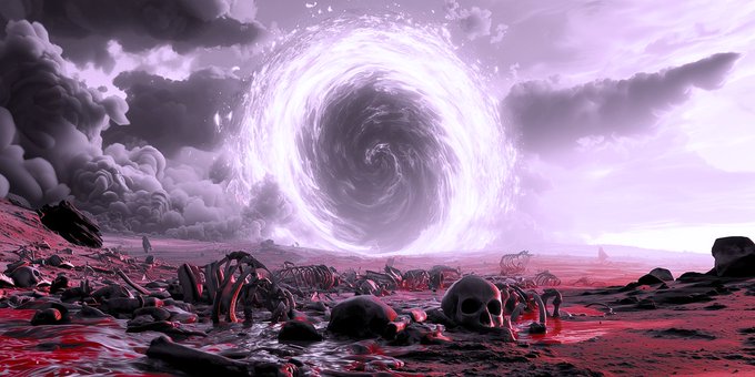 A massive swirling purple vortex dominates a desolate, blood-soaked landscape littered with human skulls, bones, and skeletal remains, evoking an apocalyptic, demonic realm. The image visually reinforces the post's ominous theme of "The Void" reopening and the ritualistic "sacrifice" required to mint 666 "Bloodsayers" NFT pieces on September 1st.