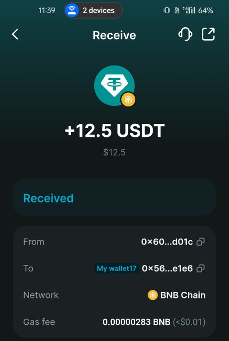 A cryptocurrency wallet screenshot showing a received transaction of '+12.5 USDT' ($12.5) on the BNB Chain network.