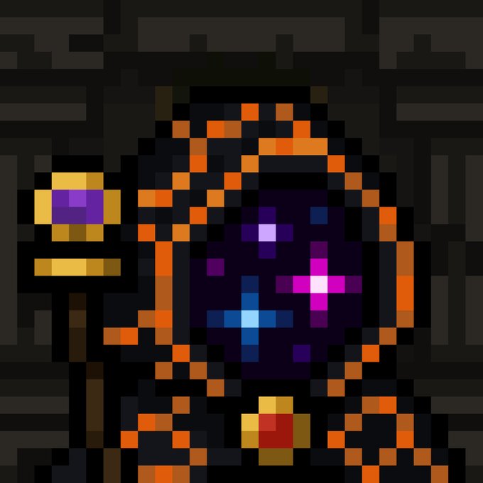A pixel-art wizard character with a staff, robe, and an orange-tiled magical aura holding a sparkling purple/pink starfield, representing the "$mancer" (Mancer) NFT collection referenced in the post about legendary pieces selling for 2.5+ ETH on the secondary market.