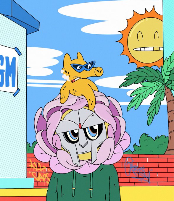 A colorful cartoon drawing depicts a character wearing a knight's helmet and a pink flower-like hood, with a small yellow giraffe wearing sunglasses perched on top, set against a brick wall and a smiling sun.