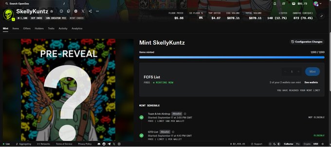 A SkellyKuntz NFT collection page on OpenSea shows a minting progress bar fully filled to "1,000/1,000," with the FCFS list section displaying "SOLD OUT" alongside green checkmarks indicating scheduled phases like "Team & tx-Airdrop" and "GTD List" have been completed.