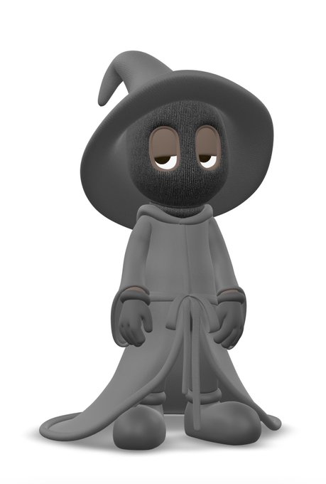 A 3D-rendered character resembling a small wizard or sorcerer dressed entirely in dark gray robes and a wide-brimmed pointed hat, with large tired-looking eyes, standing against a white background.