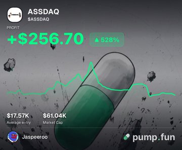 The image is a screenshot from Pump.fun showing the token $ASSDAQ ($ASSDAQ) on the "Front" page, displaying a gain of +$256.70 (528% increase) with an average entry of $17.57K and market cap of $61.04K, set against a green pill capsule background — visually representing the trader celebrating their successful 30x call on $ASSDAQ as mentioned in the post.