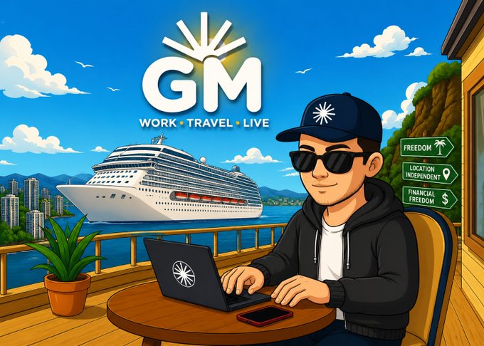 A cartoon illustration features a man in sunglasses and a cap working on a laptop at a balcony table, with a large cruise ship in the background, and text reading 'GM', 'WORK TRAVEL LIVE', and labels like 'FREEDOM', 'LOCATION INDEPENDENT', and 'FINANCIAL FREEDOM'.
