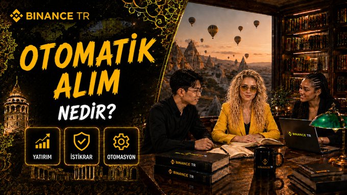 A Binance TR promotional banner titled "OTOMATİK ALIM NEDİR?" (What is Auto Buy?) features three people sitting at a desk with a laptop and books, set against a scenic backdrop of Cappadocia's hot air balloons. The image highlights three icons labeled "YATIRIM" (Investment), "İSTİKRAR" (Stability), and "OTOMASYON" (Automation), visually reinforcing the post's explanation of Binance TR's automated crypto purchasing feature using Dollar Cost Averaging.