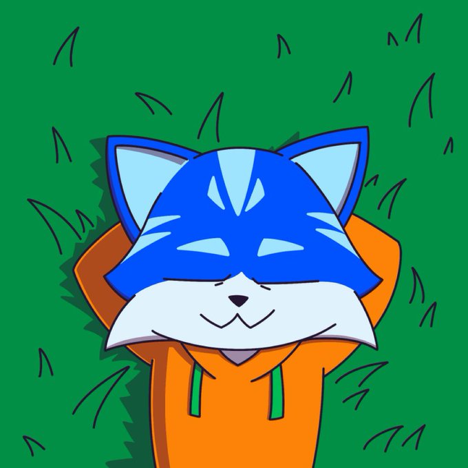 A cartoon illustration of a blue cat character wearing an orange hoodie with green drawstrings, set against a green background with black grass-like lines.
