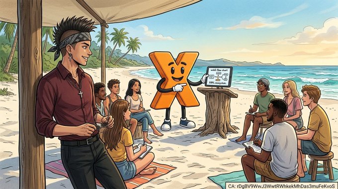 An illustrated scene of a beach classroom where a smiling orange 'X' mascot character is teaching a group of seated students about charts, led by a bandana-wearing instructor near the ocean.