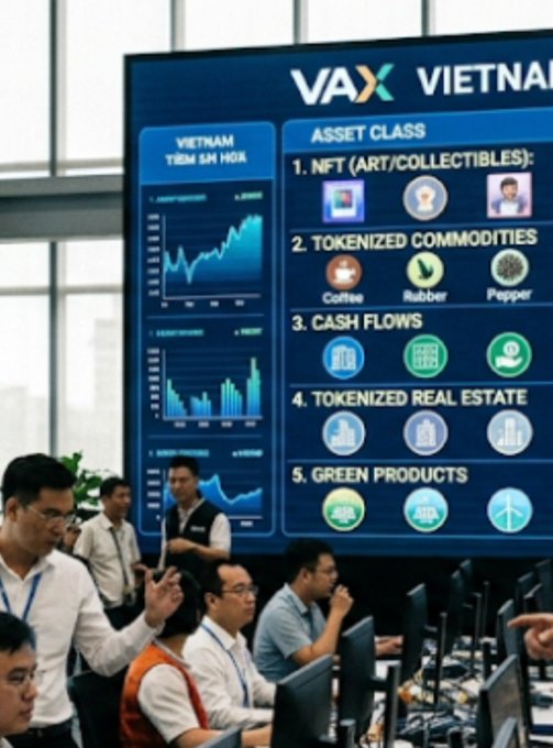 A VAX Vietnam display screen lists asset classes including "NFT (ART/COLLECTIBLES)", "TOKENIZED COMMODITIES" (Coffee, Rubber, Pepper), "CASH FLOWS", "TOKENIZED REAL ESTATE", and "GREEN PRODUCTS", with people working at desks in the foreground.