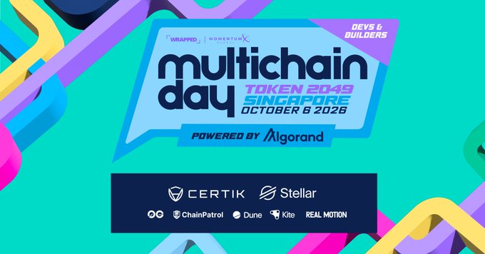 A promotional graphic for 'Multichain Day' at Token 2049 Singapore on October 8, 2026, powered by Algorand, with sponsors including Certik, Stellar, ChainPatrol, Dune, Kite, and Real Motion.