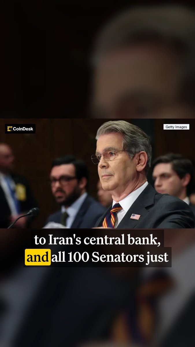 A CoinDesk news clip shows Treasury Secretary Scott Bessent seated at what appears to be a Senate hearing, with on-screen text referencing sanctions on Iran's central bank and all 100 Senators. The image ties to the accompanying post about the U.S. Senate unanimously rejecting a pardon for Sam Bankman-Fried and Treasury sanctioning crypto wallets linked to Iran's central bank.
