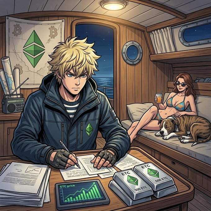 An anime-style illustration showing a blonde man in a dark jacket sitting at a table with ETC (Ethereum Classic) bars and a price chart, while a woman in a bikini and sunglasses sits nearby with a dog in a wooden cabin interior.