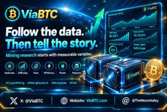 A ViaBTC promotional banner displaying "Follow the data. Then tell the story." alongside mining research charts and Bitcoin-themed imagery. The image appears unrelated to the accompanying post about Trump's "No Invasion of Our Country Act" regarding immigration policy, suggesting the post may be part of a broader feed where the banner serves as channel branding rather than directly illustrating the political content.