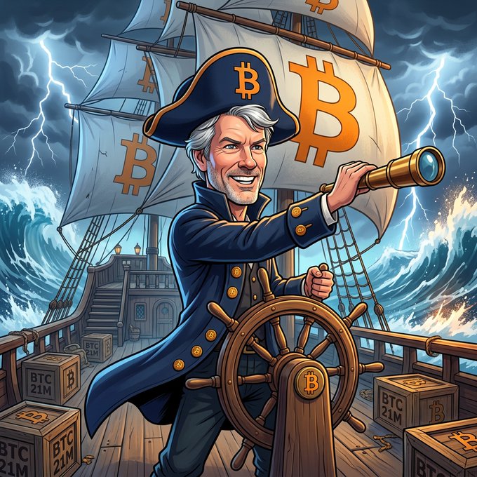 A digital illustration of a smiling pirate captain at the helm of a ship, with sails branded with the Bitcoin "B" symbol and crates labeled "BTC 21M" scattered on the deck against a stormy, lightning-filled sky.