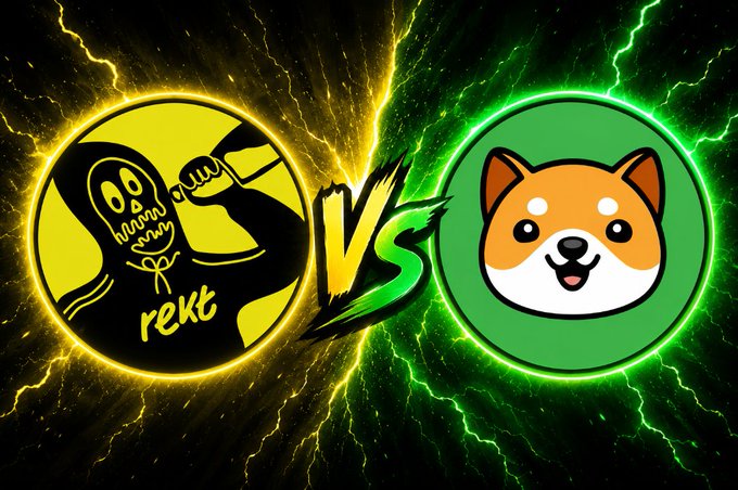 The image displays a versus-style graphic featuring a yellow circle with a skeletal figure labeled "rekt" on the left and a green circle with a smiling Shiba Inu dog (representing BABYDOGE) on the right, separated by a "VS" symbol against a dramatic green and black background with crackling energy effects. This visual directly illustrates the post's comparison between the two memecoins $REKT and $BABYDOGE, framing them as opponents in a bullish showdown for viewer preference.