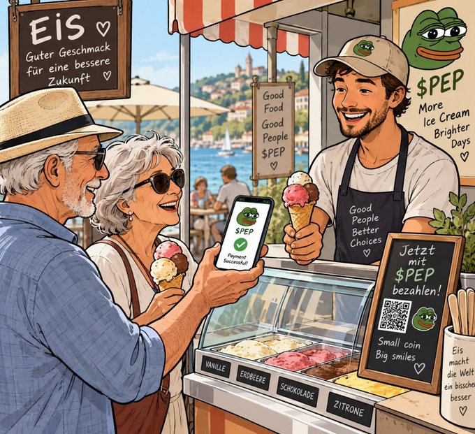 An illustrated scene of an ice cream stand by the water where a vendor sells ice cream to a couple using a digital payment system called '$PEP', with signs reading 'EIS', 'Good Food Good People $PEP', and 'Jetzt mit $PEP bezahlen!'.