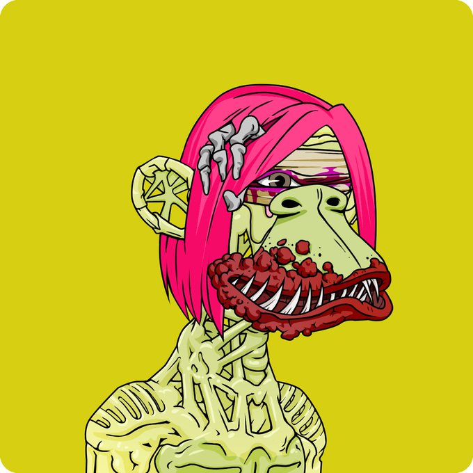 A stylized zombie character with green skin, pink hair, exposed muscle, and sharp teeth is depicted against a yellow-green background.