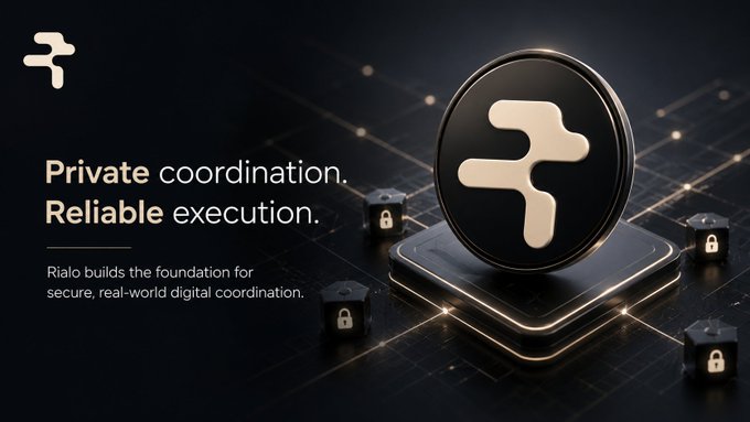 A promotional graphic for 'Rialo' with the text 'Private coordination. Reliable execution.' and a glowing logo on a dark background.