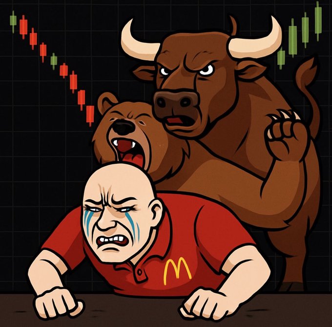 A cartoon illustration depicting a crying man in a red McDonald's shirt being attacked by a bull and bear, with red and green stock candlestick charts in the background.