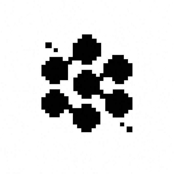 A pixel art design featuring a cluster of black hexagonal and square shapes scattered across a white background.