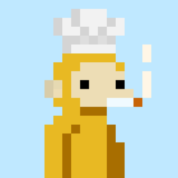 A pixel art chef character with a white chef's hat, yellow uniform, and brown apron holds a spoon against a light blue background.