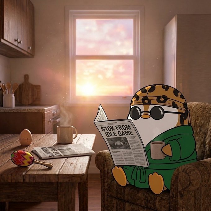 An anthropomorphic cheetah character wearing glasses, a green robe, and a leopard-print head covering, sitting in a chair reading a newspaper with the headline '$10K FROM IDLE GAME' while holding a mug.