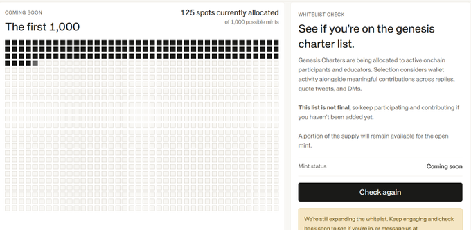 A dashboard showing 125 of 1,000 possible mints allocated for "The first 1,000" NFTs alongside a Genesis Charter whitelist check section, related to the Standard Reserve's upcoming "Founding Characters" NFT collection that will have a 1,000 supply.
